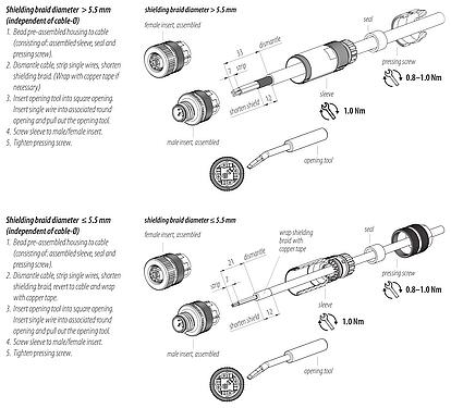 Instrucción de montaje M12 Conector de cable macho, Número de contactos: 5, 5,0-8,0 mm, blindable, abrazadera de alambre, IP67, Pluma de iris