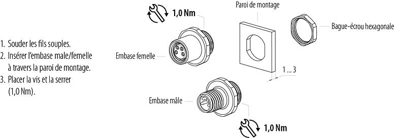 Instructions de montage M8 Embase mâle, Contacts: 3, souder, IP67/IP69K, M10x0,75, Montage frontal, avec contacts à souder sur fils