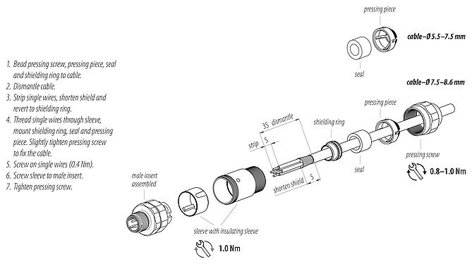 Instrucción de montaje M12 Conector de cable macho, Número de contactos: 4, 5,5-8,6 mm, blindable, tornillo extraíble, IP69K, UL 2238, Acero inoxidable, con anillo de protección