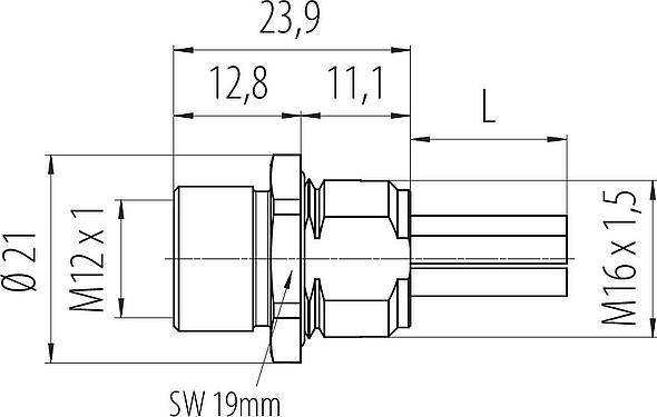 Dibujo a escala M12 Toma de brida, Número de contactos: 4+PE, sin blindaje, hilos, IP68, M16x1,5, Montaje frontal, UL 2237 en preparación, moldeado