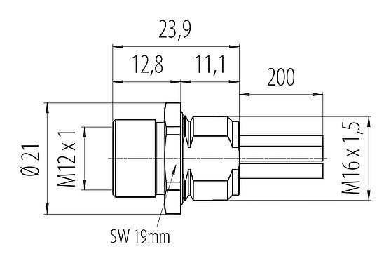 Dessin coté M12 Embase femelle, Contacts: 4+PE, non blindé, fils, IP68, M16x1,5, Montage frontal, UL 2237 en préparation, coulé