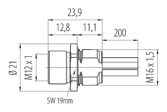 Scale drawing 09 0702 37 05 - M12 Female panel mount connector, Contacts: 4+PE, unshielded, single wires, IP68, M16x1.5, UL in preparation