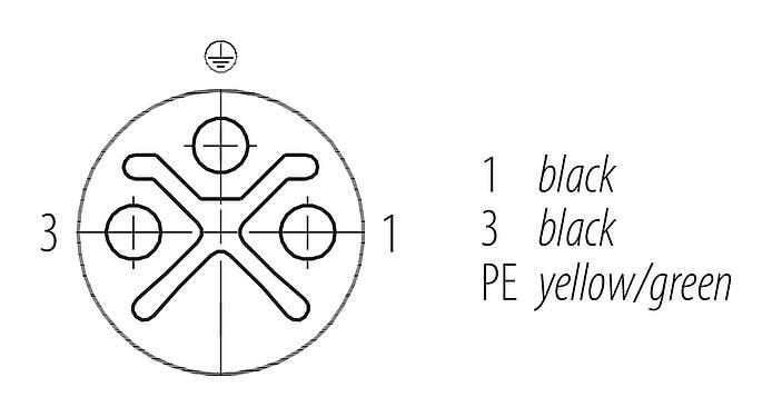 Disposición de los contactos (lado de la conexión) M12 Cable de conexión conector de cable macho - conector de cable hembra, Número de contactos: 2+PE, sin blindaje, moldeado en el cable, IP68, UL 2238, PUR, negro, 3 x 1,50 mm², 5 m