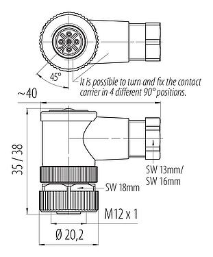 Scale drawing M12 Female angled connector, Contacts: 5, 4.0-6.0 mm, unshielded, screw clamp, IP67, UL 2238