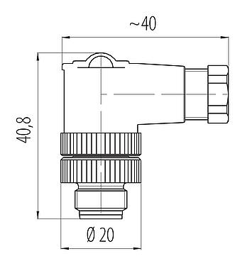 Dibujo a escala M12 Conector macho en ángulo, Número de contactos: 2+PE, 6,0-8,0 mm, sin blindaje, tornillo extraíble, IP67, UL