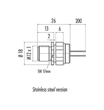 Scale drawing M12 Male panel mount connector, Contacts: 8, unshielded, single wires, IP68/IP69K, UL 2238, M16x1.5, Front mounting, stainless steel, positionable, potted