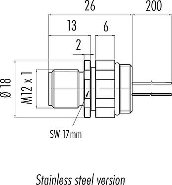 Scale drawing M12 Male panel mount connector, Contacts: 8, unshielded, single wires, IP68/IP69K, UL 2238, M16x1.5, Front mounting, stainless steel, positionable, potted