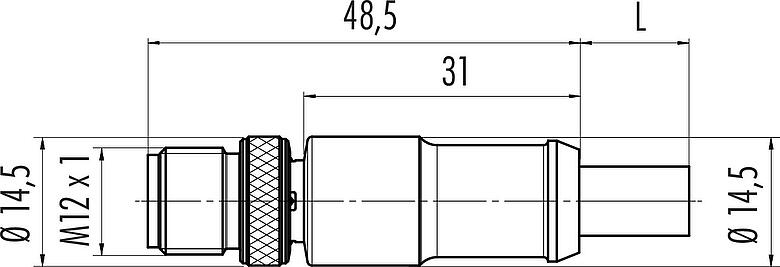 Dibujo a escala M12 Conector de cable macho, Número de contactos: 2, blindado, moldeado en el cable, IP67, UL 2238, Profibus, PUR, morado, 2 x 0.25 mm², 5 m