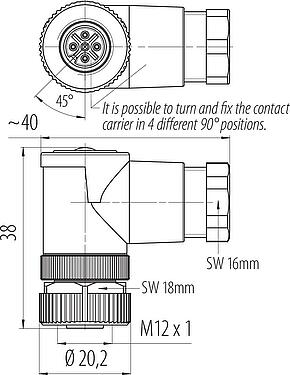Scale drawing M12 Female angled connector, Contacts: 3, 6.0-8.0 mm, unshielded, screw clamp, IP67, UL 2238, PG 9