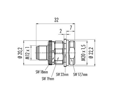 Scale drawing M12 Male panel mount connector, Contacts: 5, unshielded, screw clamp, IP67, UL 2238, M20x1.5, Front mounting, for the power supply