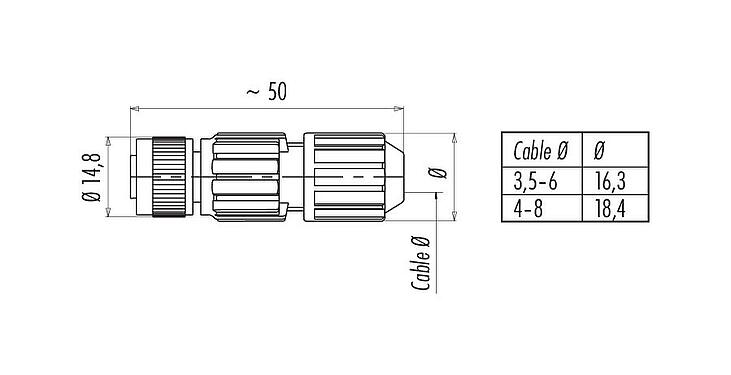 Scale drawing M12 Female cable connector, Contacts: 4, 4.0-8.0 mm, unshielded, IDC, IP67
