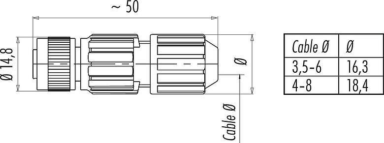 Dibujo a escala M12 Conector de cable hembra, Número de contactos: 4, 3,5-6,0 mm, sin blindaje, IDC, IP67