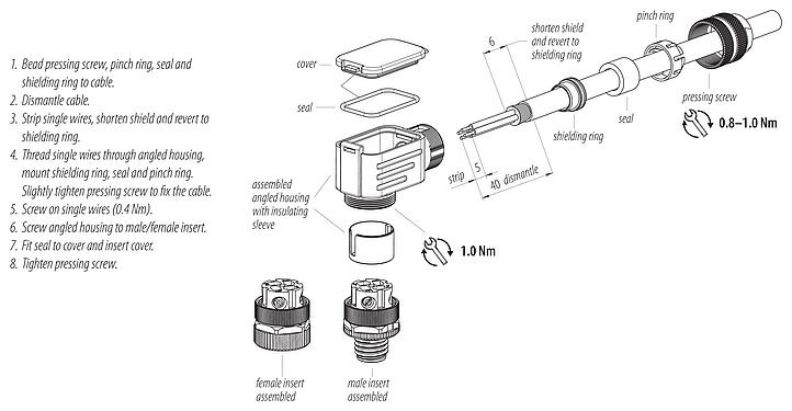 Assembly instructions M12 Female angled connector, Contacts: 4, 6.0-8.0 mm, shieldable, screw clamp, IP67, UL 2238, with shielding ring