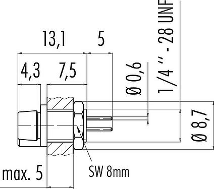 Dessin coté Snap-In Embase femelle, Contacts: 5, non blindé, THT, IP40, 1/4" 28 UNF, Montage frontal