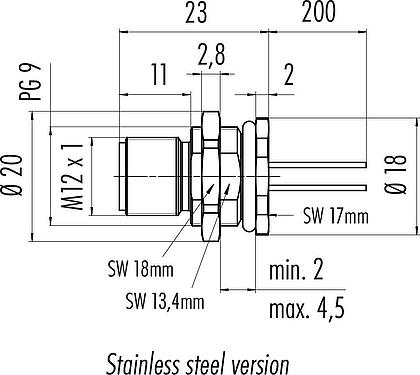 Scale drawing M12 Male panel mount connector, Contacts: 5, unshielded, single wires, IP68, UL 2238, PG 9, Rear mounting, stainless steel, potted