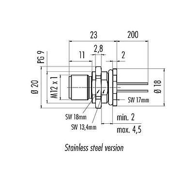 Scale drawing M12 Male panel mount connector, Contacts: 12, unshielded, single wires, IP68, UL 2238, PG 9, Rear mounting, stainless steel, potted