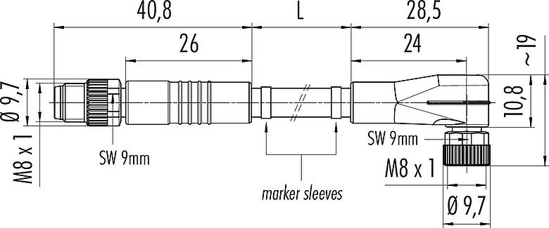 Scale drawing M8 Connecting cable male cable connector - female angled connector, Contacts: 4, unshielded, moulded on the cable, IP67/IP69K, PVC, grey, 4 x 0.34 mm², 10 m