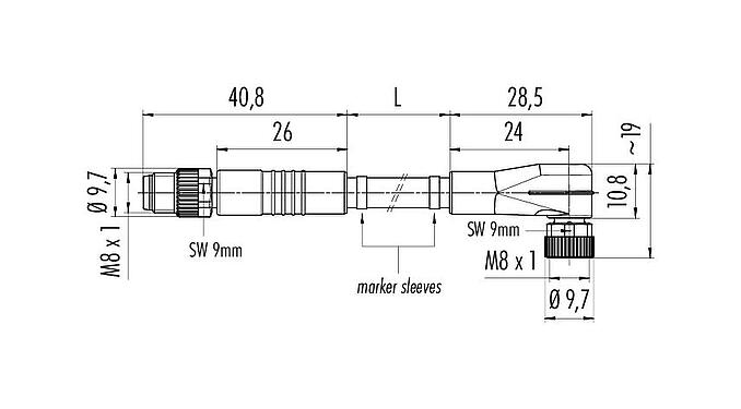 Dessin coté M8 Câble de raccordement connecteur mâle - connecteur femelle coudé, Contacts: 3, non blindé, surmoulé sur le câble, IP67/IP69K, UL 2238, PVC, gris, 3 x 0,34 mm², 3 m