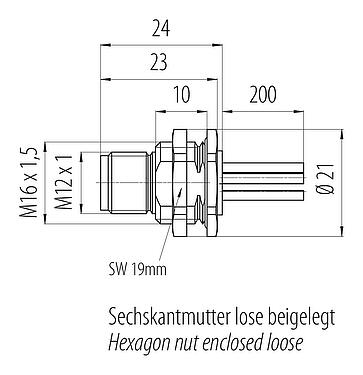 Dessin coté M12 Embase mâle, Contacts: 5, non blindé, fils, IP68, UL 2238, M16x1,5, Montage mural arrière, vissable par l'avant