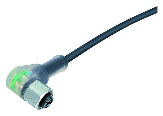 Illustration M12 Connecteur femelle coudé, Contacts: 4, non blindé, surmoulé sur le câble, IP68/IP69K, UL 2238, PUR, noir, 4 x 0,34 mm², avec LED, PNP, Acier inoxydable, 2 m