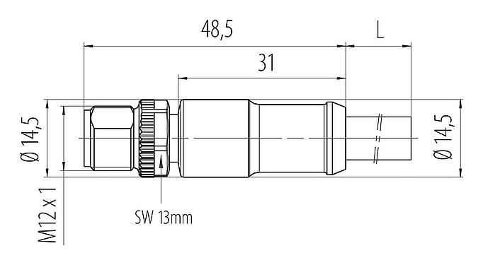 Dibujo a escala M12 Conector de cable macho, Número de contactos: 2+PE, sin blindaje, moldeado en el cable, IP68, UL 2238, PUR, negro, 3 x 1,50 mm², 2 m