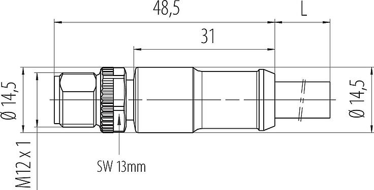 Dessin coté M12 Connecteur mâle, Contacts: 2+PE, non blindé, surmoulé sur le câble, IP68, UL 2238, PUR, noir, 3 x 1,50 mm², 2 m