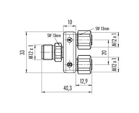 Dessin coté M12 Répartiteur double, Y-distributeur, mâle - 2 femelle, Contacts: 5, non blindé, enfichable, IP68, UL 2238, Acier inoxydable