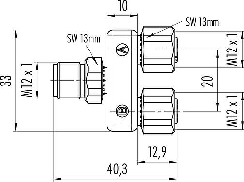 Scale drawing M12 Twin distributors Y-distributor, male connector - 2 female connector, Contacts: 5, unshielded, pluggable, IP68, UL 2238, stainless steel