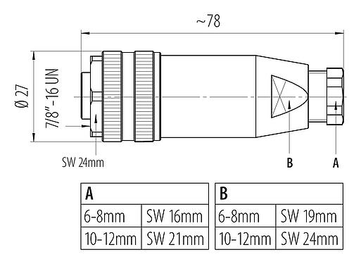 Dibujo a escala 7/8" Conector de cable hembra, Número de contactos: 2+PE, 10,0-12,0 mm, sin blindaje, tornillo extraíble, IP67, UL 2238, VDE