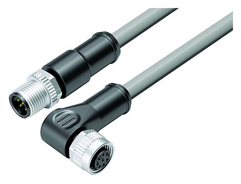 Illustration M12 Connecting cable male cable connector - female angled connector, Contacts: 8, unshielded, moulded on the cable, IP68/IP69K, UL 2238, PVC, grey, 8 x 0.25 mm², 0.6 m