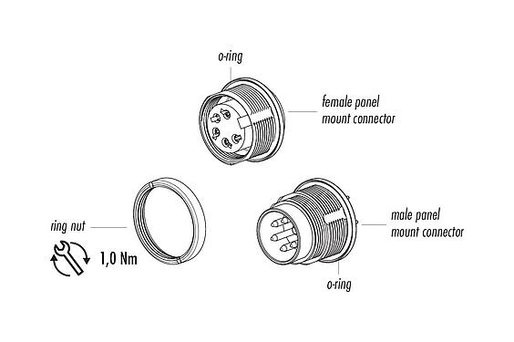Component part drawing 09 0119 90 05 - M16 Male panel mount connector, Contacts: 5 (05-b), unshielded, THT, IP67, UL, front fastened