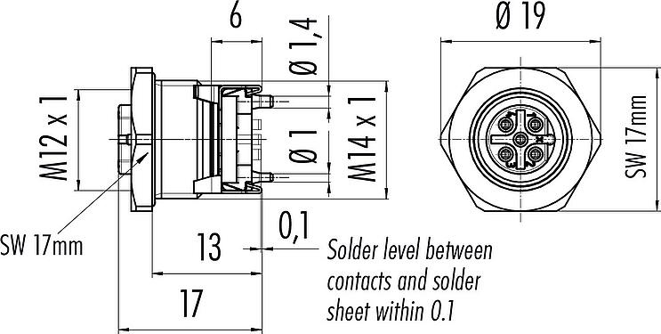 Scale drawing M12 Female panel mount connector, Contacts: 5, shieldable, SMT, IP67, M14x1.0, Front mounting