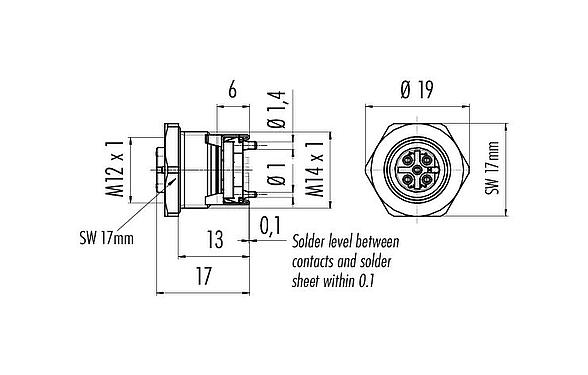 Dessin coté M12 Embase femelle, Contacts: 5, blindable, SMT, IP67, M14x1,0, Montage frontal