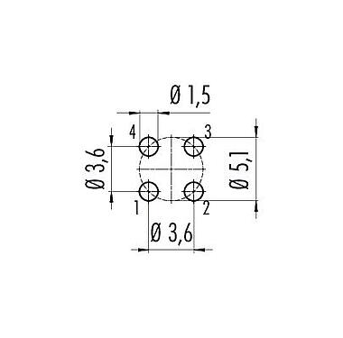 Conductor layout 09 0631 90 04 - M12 Male panel mount connector, Contacts: 4, unshielded, THT, IP68, UL, VDE, M16x1.5, front fastened