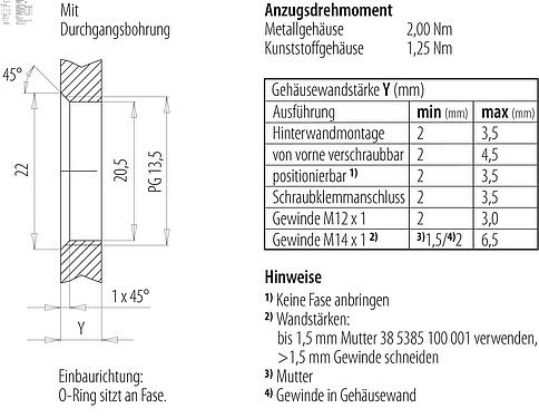 Assembly instructions / Panel cut-out M12 Male panel mount connector, Contacts: 4, unshielded, single wires, IP68, UL 2238, PG 13.5, Front mounting, potted
