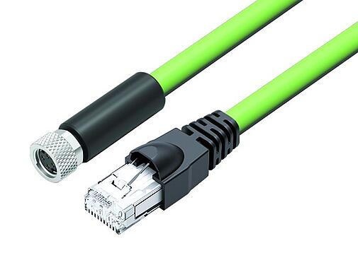 Illustration M8 Connecting cable female cable connector - RJ45 connector, Contacts: 4, shielded, molded/crimp, IP67, UL, Profinet/Ethernet CAT5e, PUR, green, 4 x AWG 22, 10 m