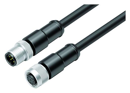 Illustration M12 Connecting cable male cable connector - female cable connector, Contacts: 8, shielded, moulded on the cable, IP67, Ethernet CAT5e, TPE, black, 4 x 2 x AWG 24, 0.6 m