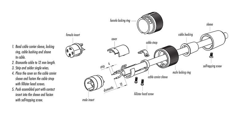 Assembly instructions Bayonet Male cable connector, Contacts: 5, 6.0-8.0 mm, unshielded, solder, IP40