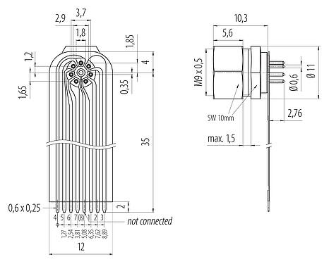 Conexión y dimensiones
M9 Toma de brida, Número de contactos: 7, sin blindaje, THT, M9x0,5, Montaje en pared