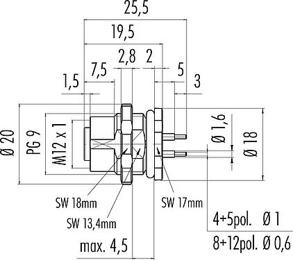 Dibujo a escala M12 Toma de brida, Número de contactos: 4, sin blindaje, THT, IP68, UL 2238, PG 9, Montaje en pared