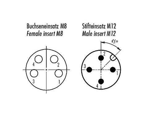 Disposition des contacts (Côté plug-in) M12/M8 Adaptateur, Contacts: 4, non blindé, enfichable, IP67