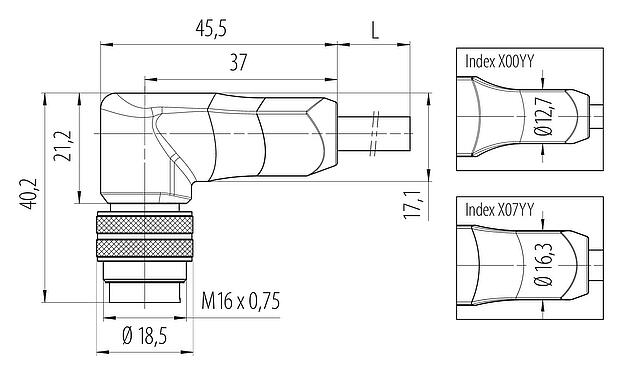 Dibujo a escala 77 6527 0000 50712-0200 - M16 Conector macho en ángulo, Número de contactos: 12, blindado, moldeado en el cable, IP68, PUR, negro, 12 x 0,25 mm², 2 m