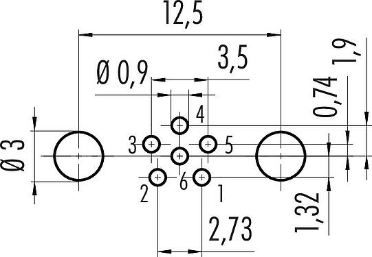 Conductor layout M8 Female panel mount connector, Contacts: 6, shieldable, THT, IP67, UL 2238, M10x0.75, Rear mounting, potted
