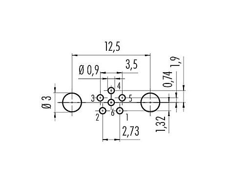 Conductor layout 86 6618 1120 00006 - M8 Female panel mount connector, Contacts: 6, shieldable, THT, IP67, UL, M10x0.75, front fastened