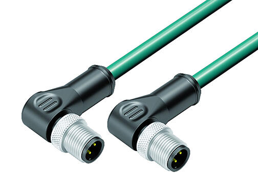 Illustration 77 4527 4527 34704-0030 - M12/M12 Connecting cable 2 male angled connector, Contacts: 4, shielded, moulded on the cable, IP67, Ethernet CAT5e, TPE, blue/green, 2 x 2 x AWG 24, 0.3 m