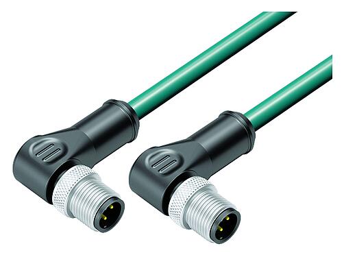 Illustration M12 Connecting cable 2 male angled connector, Contacts: 4, shielded, moulded on the cable, IP67, UL, Ethernet CAT5e, TPE, teal, 2 x 2 x AWG 24, 2 m