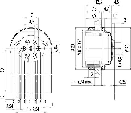 Connection & dimensions M16 Female panel mount connector, Contacts: 7 (07-a), unshielded, THT, IP67, M18x0,75, Rear mounting