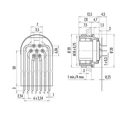 Connection & dimensions 09 0128 65 07 - M16 Female panel mount connector, Contacts: 7 (07-a), unshielded, THT, IP67, Front mounting