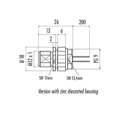 Scale drawing M12 Male panel mount connector, Contacts: 12, unshielded, single wires, IP68, UL 2238, PG 9, Front mounting, Positionable coding alignment, potted