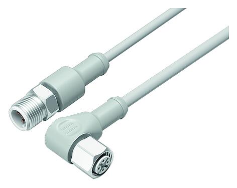 Ilustración M12 Cable de conexión conector hembra en ángulo, Número de contactos: 5, sin blindaje, moldeado en el cable, IP67/IP69K, UL 2238, Ecolab, PVC, gris, 5 x 0,34 mm², Industria alimentaria, Acero inoxidable, 5 m
